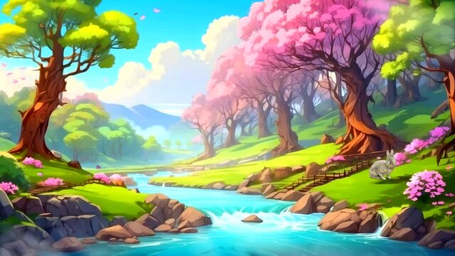 Spring fantasy: Stunning Flowering Forest with Clear River. Seamless looping 4k time-lapse virtual video animation background