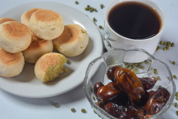 Typical snack from Java, Indonesia. Bakpia filled with nuts, black coffee and dates