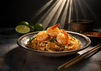 close-up shot of Pad thai on a vintage ceramic plate.