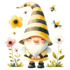 Naklejka premium Garden Gnome in Bee Costume Among Flowers