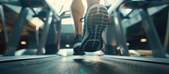Close up young man athlete shoes running in treadmill at fitness gym blur background. AI generated