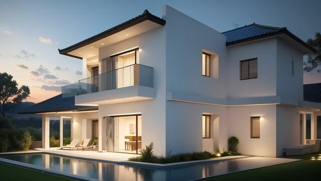 Modern style 3d render house with interior lighting with pool