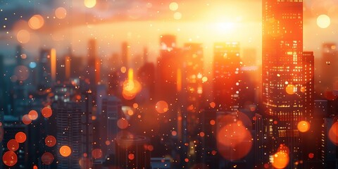 Fototapeta na wymiar Urban sunset casting a golden glow over the bustling cityscape with bokeh lights