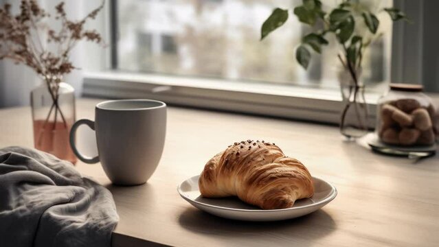 Delicious croissant served with hot cup of coffee