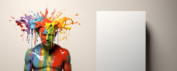 The blank canvas mockup of a creative mind. Conceptual and expressive portrait with dripping paint and ink flow. Visual metaphor of brain expression and communication painting thoughts and emotions.