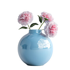 Round shape vase, flowers, blue, realistic photo, pure white background, solid color fill, simple color scheme, clean and atmospheric isolated PNG