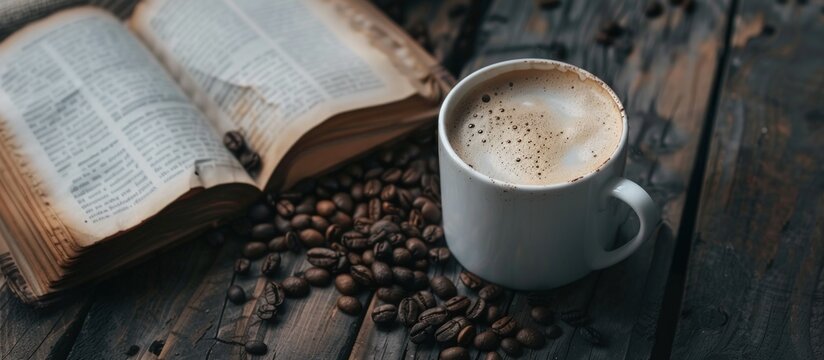 Close up a white cup of hot coffee, beans and book on wooden table. AI generated image