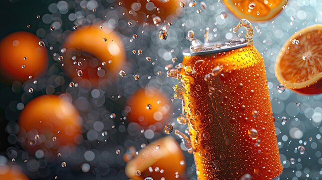 Orange plain soft-drink can 330ml Floating, tilted up slightly, facing camera, crispy fresh oranges in the air scattered too, all hovering in an abstract vibrant space, thee of Juicy orange colour