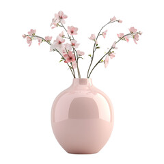 Round shape vase, flowers, pink, realistic photo, pure white background, solid color fill, simple color scheme, clean and atmospheric isolated PNG