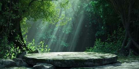 Sylvan Serenity: The Focal Point - A Flat Stone Podium in the Heart of the Forest - obrazy, fototapety, plakaty