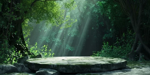 Fotobehang Sylvan Serenity: The Focal Point - A Flat Stone Podium in the Heart of the Forest © Irfanan