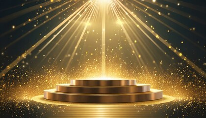 Podium with golden light lamps background. Golden light award stage with rays and sparks, golden stars on stage with spotlight, Ai Generate
