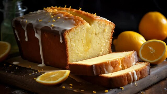 Freshly baked lemon pound cake on wooden cutting board, perfect for food and baking themes