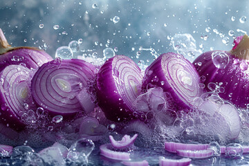 Fototapeta na wymiar Wet fresh slice lilac onion with water drops close-up, selective focus