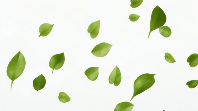 Bunch of green leaves flying in air
