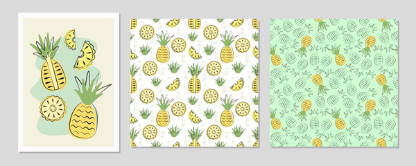 Pineapple fruits set in flat design. Poster and seamless pattern with pineapple for  fabric, cards, wallpaper in boho style.