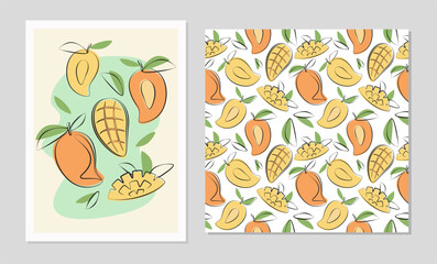 Mango fruits set in flat design. Poster and seamless pattern with mango for  fabric, cards, wallpaper in boho style.