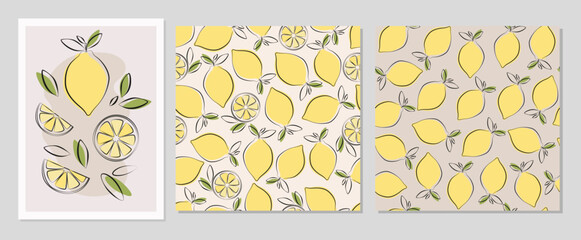 Lemon fruits set in flat design. Poster and seamless pattern with lemon for  fabric, cards, wallpaper in boho style.