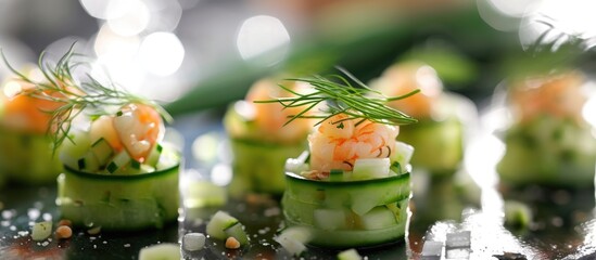 Green vegetable bite-sized hors d'oeuvre with seafood