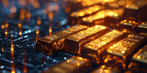 Futuristic visualization of gold memory chips with gleaming lights