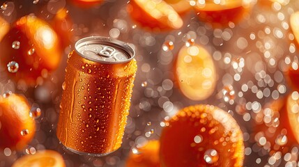 Orange plain soft-drink can 330ml Floating, tilted up slightly, facing camera, crispy fresh oranges in the air scattered too, all hovering in an abstract vibrant space, thee of Juicy orange colour - obrazy, fototapety, plakaty