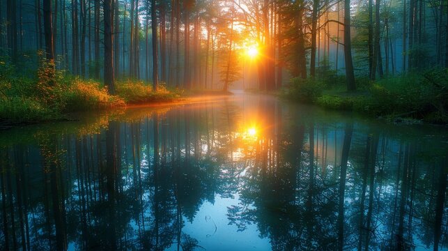 Depict a quiet forest pond at sunrise, where the water's surface perfectly mirrors the awakening of life, symbolizing new beginnings