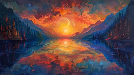 Papier Peint photo Orange Depict a tranquil lake at sunset, where the water mirrors the kaleidoscope of colors in the sky, blending reality with reflection