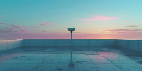 A solitary security camera oversees a pastel sunset sky in a serene surveillance scene - obrazy, fototapety, plakaty