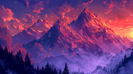 Depict the first light of sunrise illuminating mountain peaks, with silhouettes of the range in the foreground