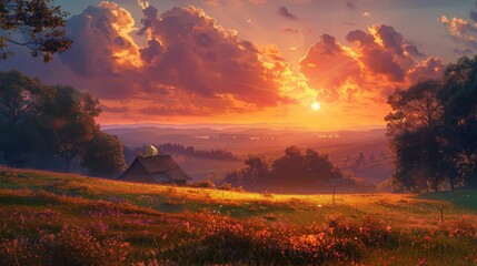 Depict the peaceful end of a day in the rural countryside, where the setting sun kisses the fields goodnight
