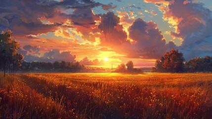 Depict the peaceful end of a day in the rural countryside, where the setting sun kisses the fields goodnight