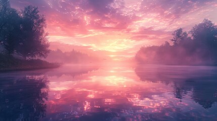 Fototapeta na wymiar Envision a calm river at dawn, where the water's mirror-like quality reflects the soft hues of the morning sky, offering peace
