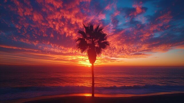 Envision a beach sunset with a lone palm tree, its silhouette framed against the fiery sky