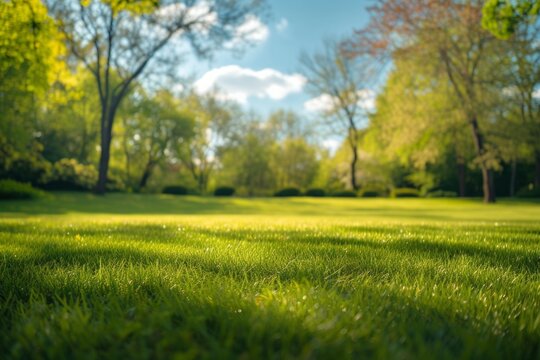Tranquil Landscape: Blurred Background of a Lawn Enveloped by Trees