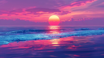 Illustrate a panoramic view of a sunset at the beach, where the horizon meets the sea in a blaze of colors