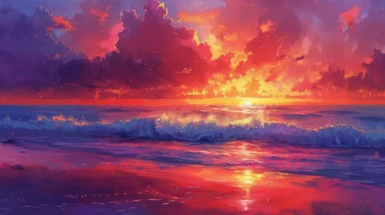 Schilderijen op glas Illustrate a panoramic view of a sunset at the beach, where the horizon meets the sea in a blaze of colors © MAY