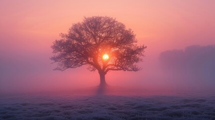 Illustrate a peaceful sunrise in the countryside, with the sun rising behind a lone tree on a foggy morning