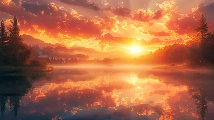 Deurstickers Illustrate a sunrise that reflects off a serene country lake, creating a symphony of light and color © MAY