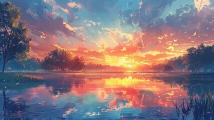 Obraz na płótnie Canvas Illustrate a sunrise that reflects off a serene country lake, creating a symphony of light and color