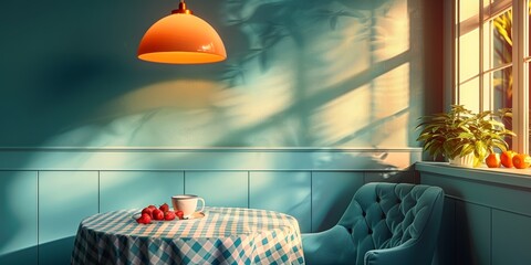Sunlit breakfast table with fresh strawberries, cozy kitchen interior