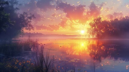 Illustrate a sunrise that reflects off a serene country lake, creating a symphony of light and color