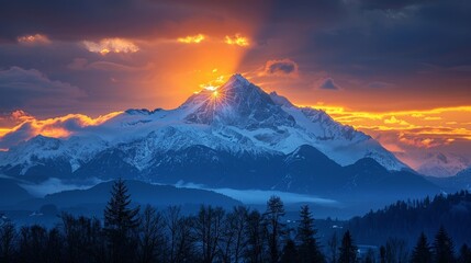 Illustrate the dramatic contrast of a sunset behind snow-capped mountains, with golden hues meeting cold blues