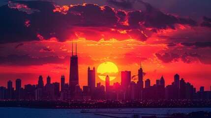 Illustrate a vibrant sunset behind a city skyline, creating striking silhouettes of buildings