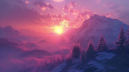 Illustrate the early morning glow on a mountain, where the horizon meets the first signs of daylight