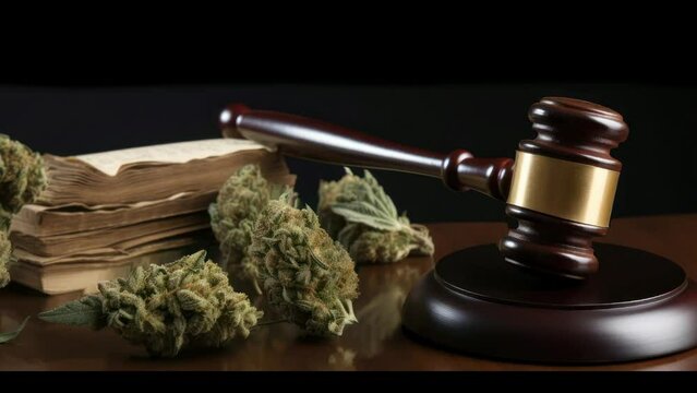 Gavel and cannabis buds on a table, cannabis and the law, ban on cannabis concept, marijuana legalization