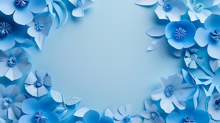 Fototapeta na wymiar Background of blue paper flowers with empty space for text or greeting card design. Postcard for International Women's Day and Mother's Day. Generative Ai