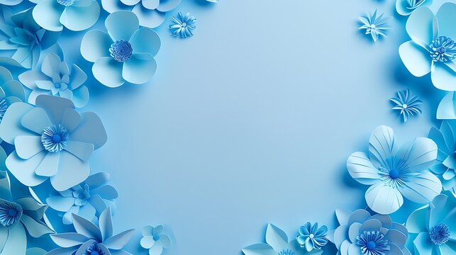 Background of blue paper flowers with empty space for text or greeting card design. Postcard for International Women's Day and Mother's Day. Generative Ai