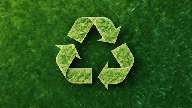Green recycle sign on grass field
