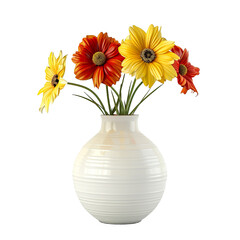 Round shape vase, flowers, white and yellow, realistic photo, pure white background, solid color fill, simple color scheme, clean and atmospheric isolated PNG