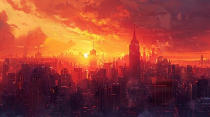 Fototapeta na wymiar Showcase a cityscape at sunset, where the fading light creates silhouettes of buildings against a fiery sky